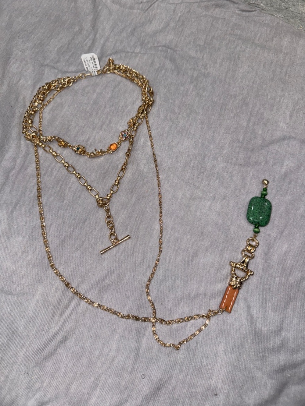 Gold Layered Necklace with Green and Orange Gem Accents